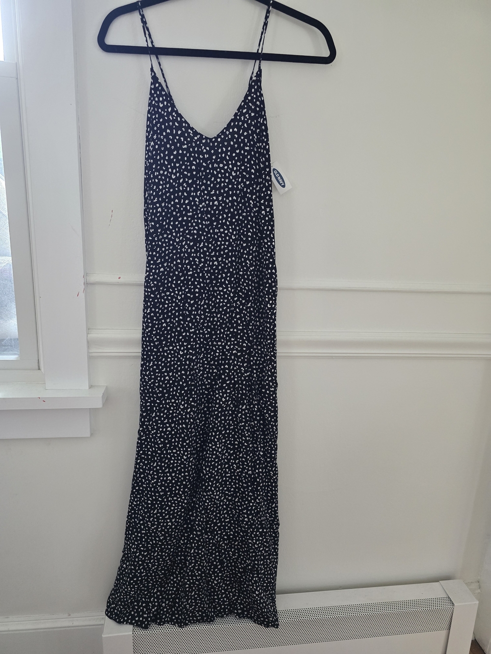 Old Navy Black Maxi Dress with White Asymetrical Dot Print